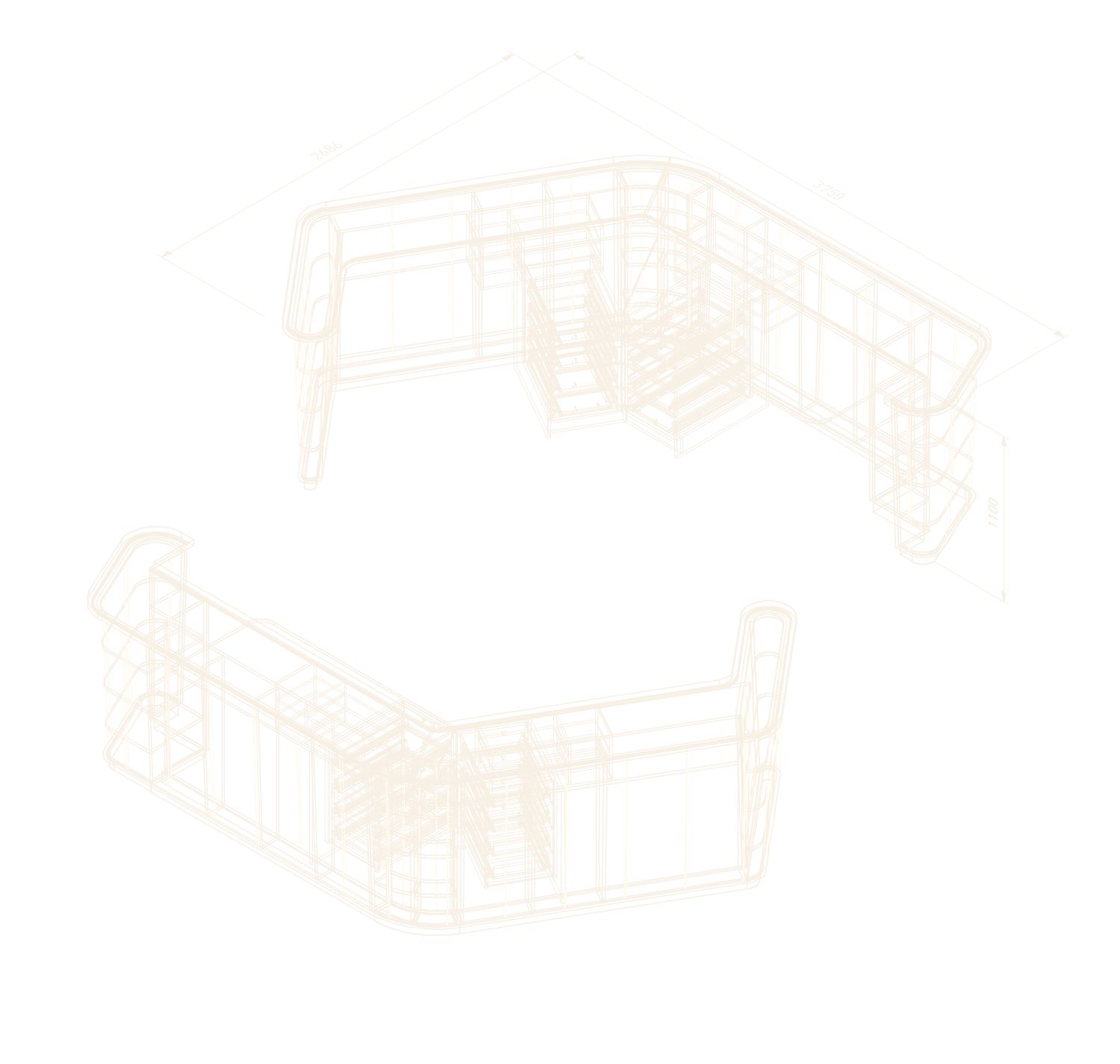 Zwei technische CAD-Ansichten einer gebogenen Theke mit Maßangaben